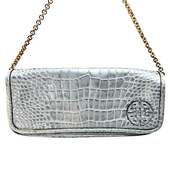 Antonio Melani Silver Leather Croc Embossed Shoulder Bag Metallic Maximalist - Picture 2 of 10